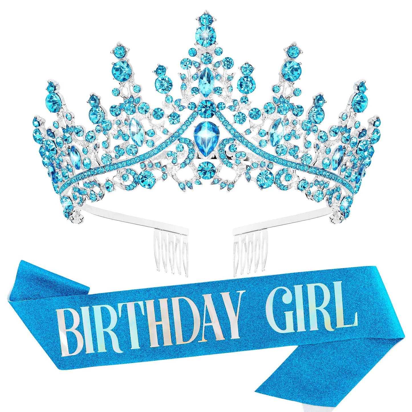 Velscrun Blue Crystal Birthday Tiara Crowns for Women Girls Elegant Princess Crown with Combs Birthday Girl Headband Sash Happy Birthday Party Decorations Birthday Gift Cake Topper Hair Accessories