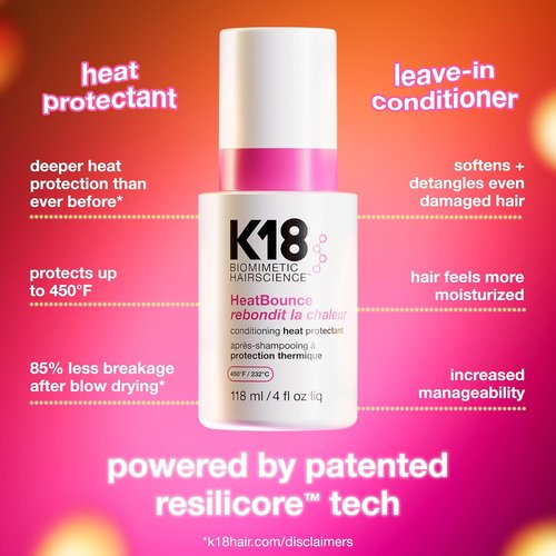 K18 HeatBounce Conditioning Heat Protectant Spray - Lightweight Leave-In Conditioner for All Hair Types | 450℉ (232°C) Heat Protection, Soften & Smooth