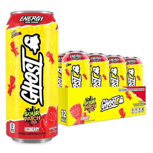 GHOST Energy Drink - Sour Patch Kids Redberry Flavor | 12-Pack, 16oz Cans - Natural Caffeine & Focus Boost