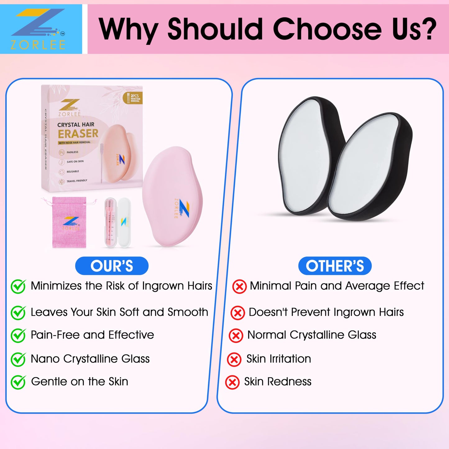 Crystal Hair Remover for Women and Men, Reusable Crystal Hair Eraser Magic Painless Exfoliation Hair Removal Tool, Magic Hair Eraser Device for Back Arms Legs (Pink)