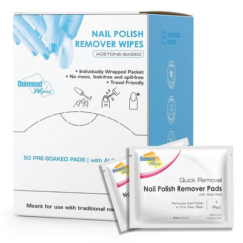 Diamond Wipes Nail Polish Remover Wipes - Aloe Vera Infused Acetone Pads | 50 Individually Wrapped Wipes