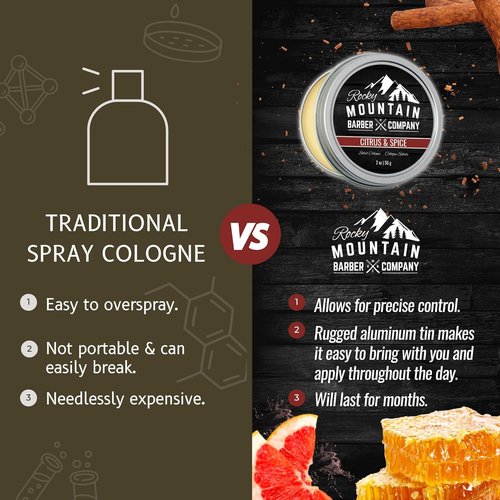 Rocky Mountain Barber Company Solid Cologne for Men - Citrus & Spice Scent | 2 Oz - Long-Lasting Formula with Coconut Oil & Shea Butter