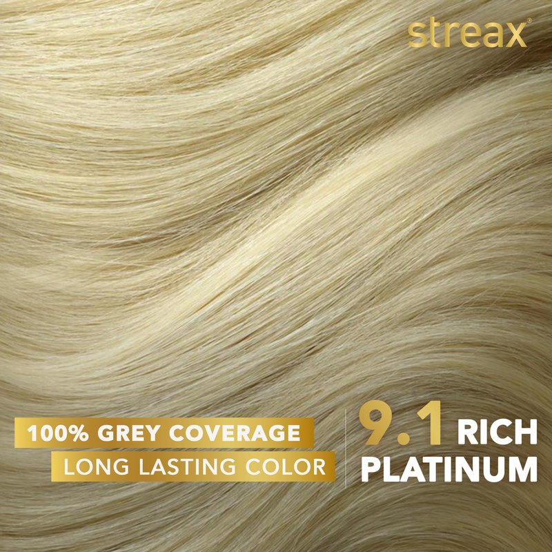 Streax Permanent Hair Colour, 100% Grey coverage, Infused with Argan and Walnut Oil, Long Lasting Cream Hair Colour for Women, Ash Hair Color, 9.1 Rich Platinum, 120 ml, Pack of 1