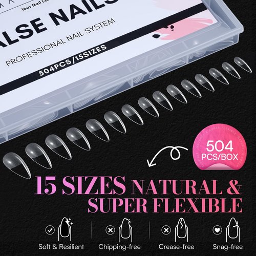 Makartt Medium Stiletto Almond Nail Tips: 504 PCS Pre-Etched Clear False Nails Tips Almond Shapes, 15 Sizes Full Cover Half Matte Soft Acrylic Press On Nail Extensions Supplies Salon and DIY at Home