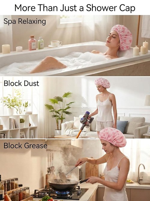 Auban Shower Cap - Reusable Double Layer Waterproof Terry Cloth Lined | Large Pink Bath Hair Cap