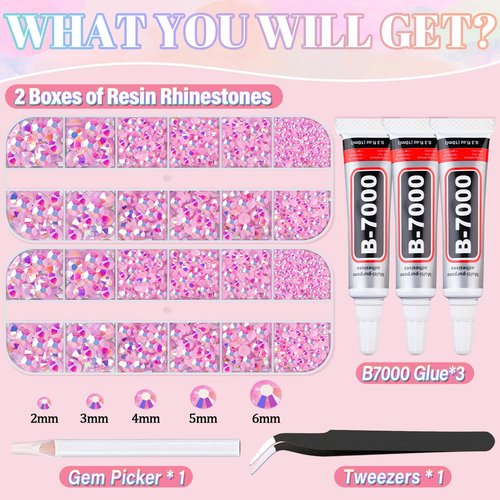 Resin Rhinestones for Crafting with 3Pcs 10ml B7000 Jewelry Glue, 2 Boxes Light Pink AB Flatback Gems Crystals Diamond for Bedazzling Crafts DIY Nail Art Makeup,Gems for Clothing Tumblers Shoes