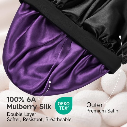 22 Momme 100% Real Mulberry Silk Bonnet for Sleeping Women, Large Hair Care Bonnet for Long Curly Hair, Double Layer Silk Wrap with Soft Elastic Band, Non-Slip Sleep Cap, Black+Purple