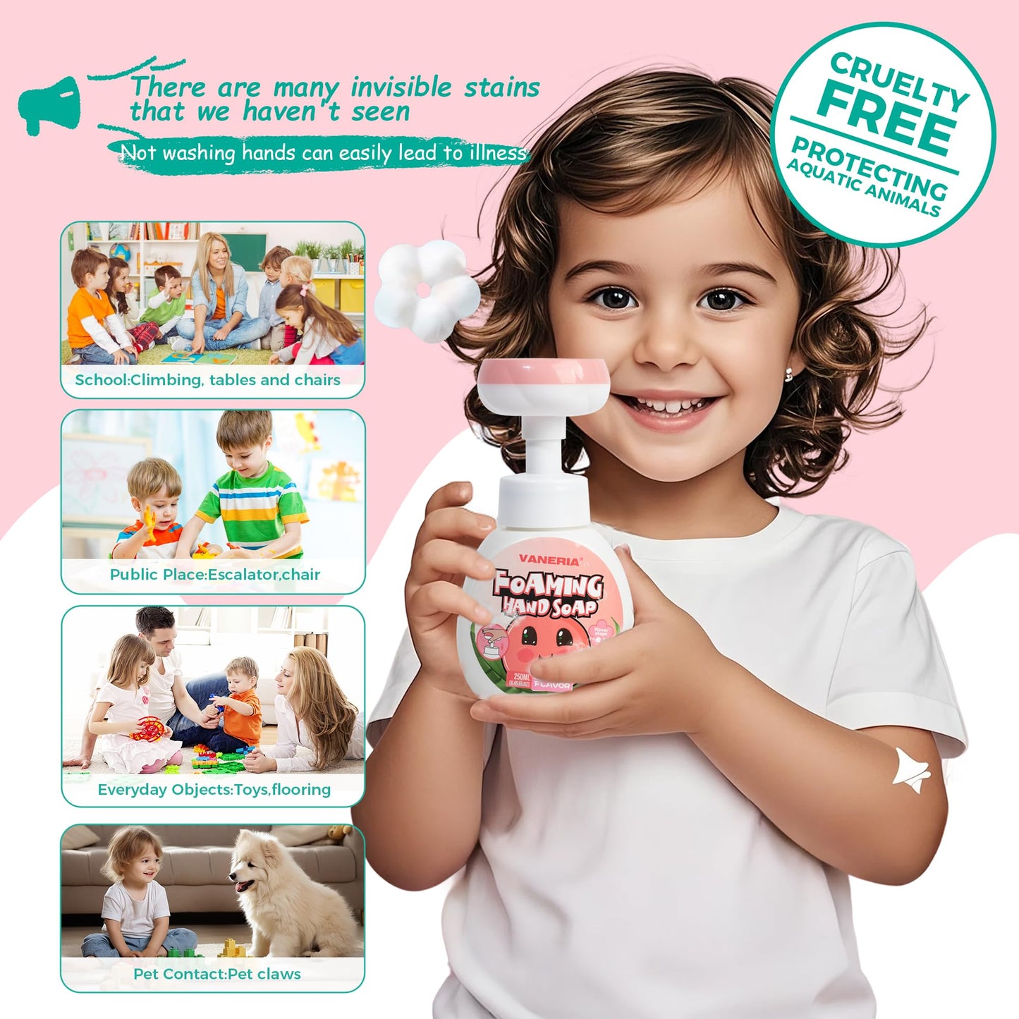 VANERIA Kids Foaming Hand Soap,Flower Stamp,Moisturizing and Gentle Hand Soap for Baby,Kids and Adults with Sensitive Skin 250ml/8.45 Fl Oz
