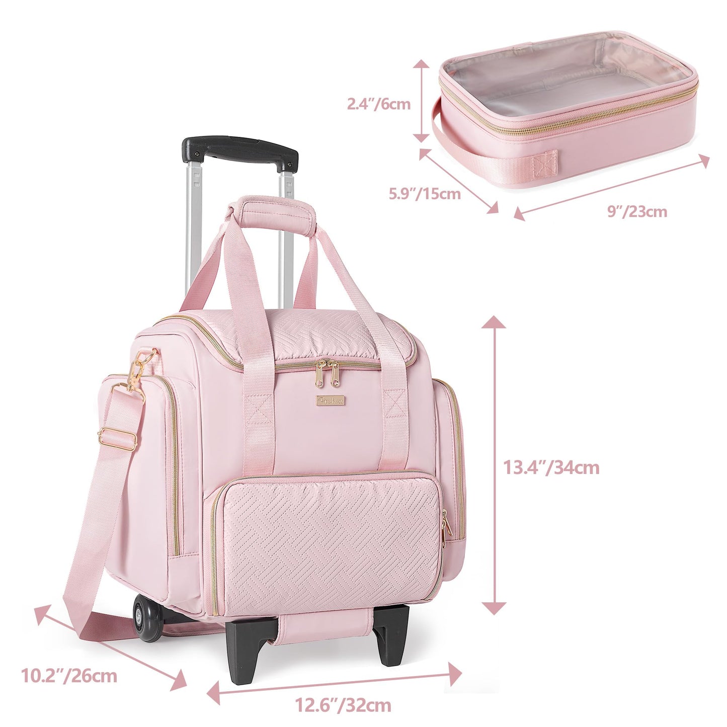 Prokva Rolling Makeup Case with 4 Removable Bags, Professional Makeup Train Case with Wheels, Makeup Artist Travel Bag with Brushes Storage Section, Pink (Patent Design)