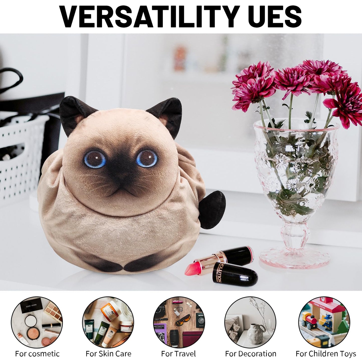 Openhahaha Drawstring Makeup Bag, Cat Makeup Bag, Travel Makeup Organizer, Cosmetic Pouch Bag, Cat Gift for Women, Lay Flat Makeup Bag Gifts for Cat Lovers(2-Pack)