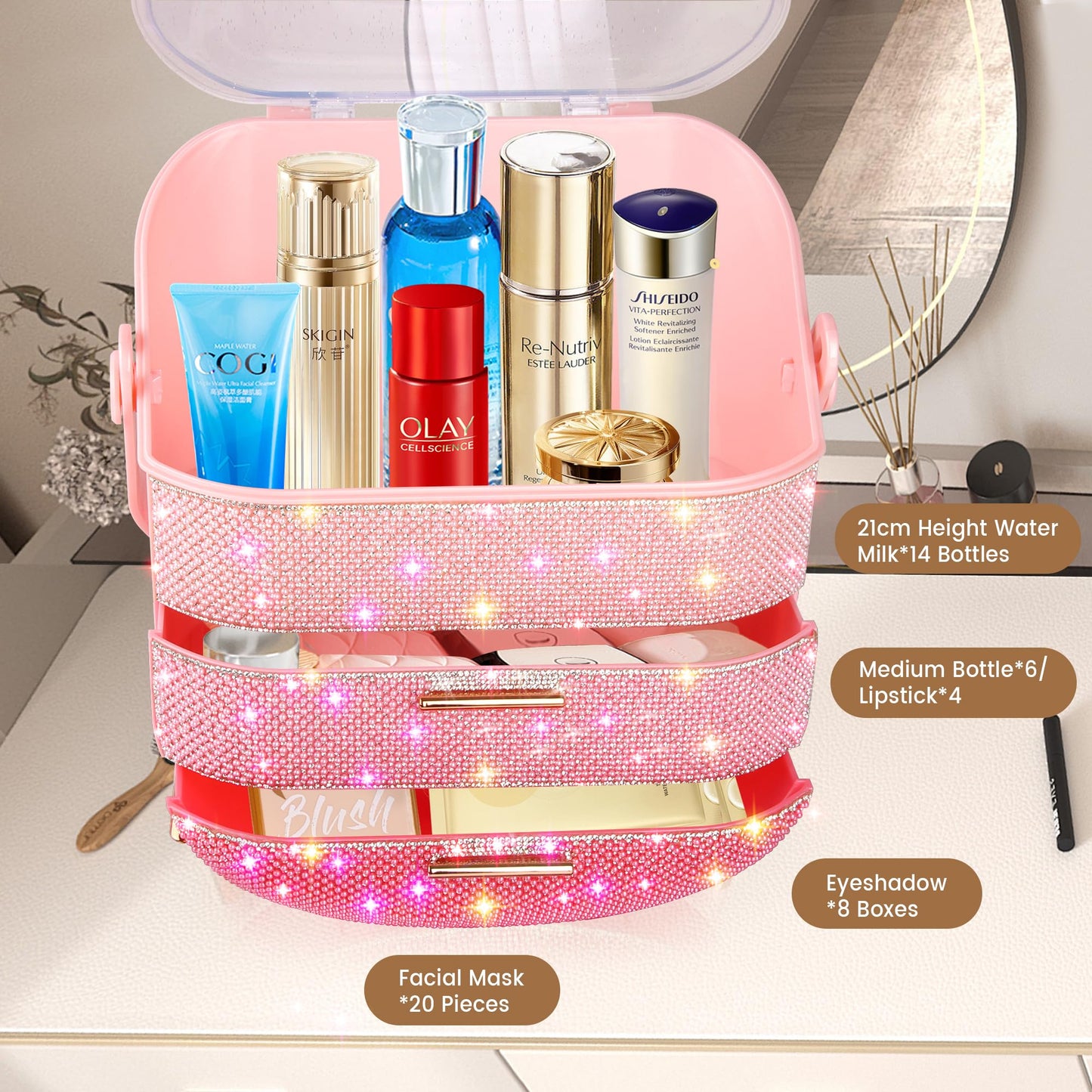 Ptesly Teen Girls Gift Makeup Organizer,Skincare Organizer Jewelry Storage,Cosmetics Storage and Display Case,Make Up Holders and Organizers for Countertop,Bathroom Organizer (PearlPink)