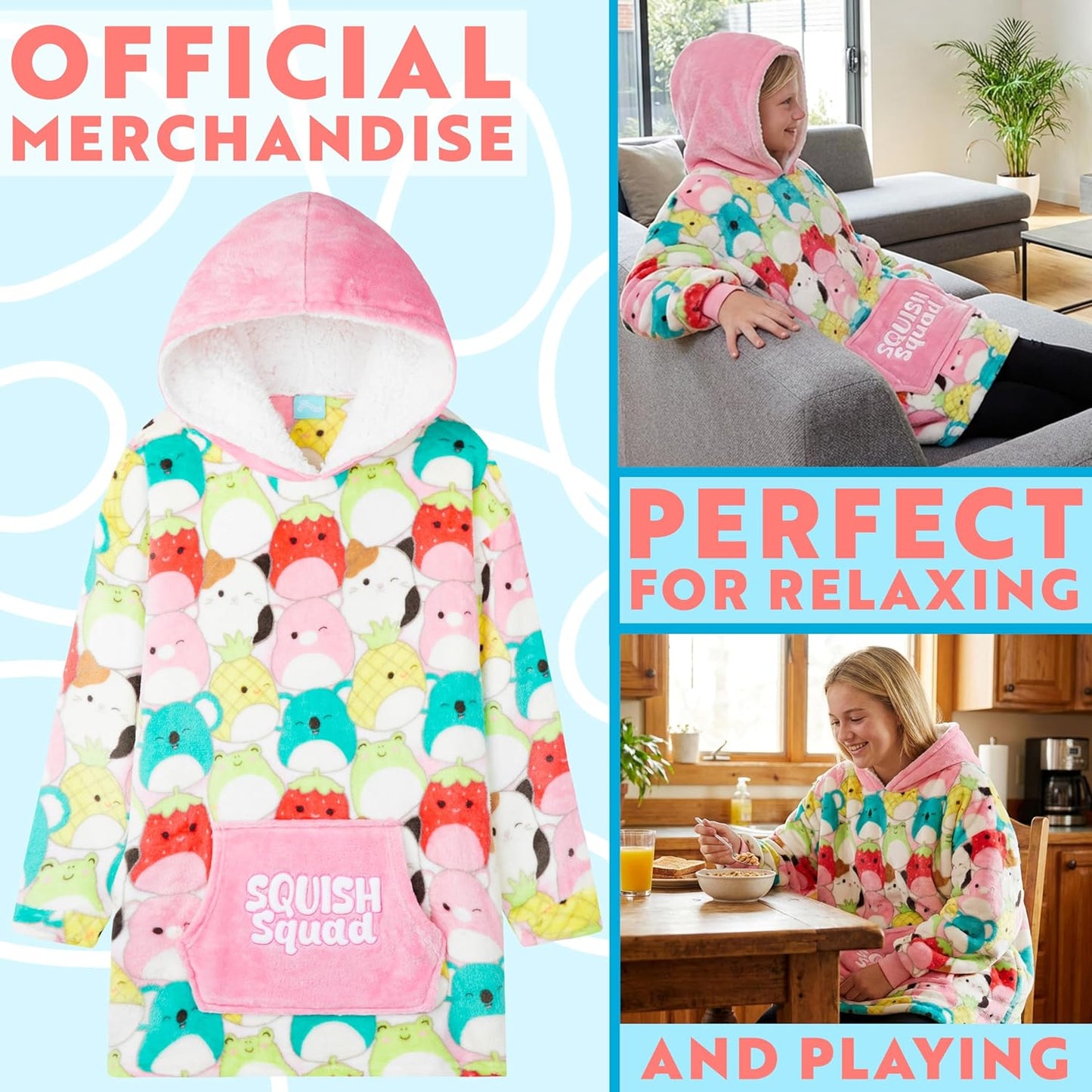 Squishmallows Blanket Hoodie for Girls, Teens, Fleece Oversized Wearable Blanket with Pocket, Cozy Loungewear Gifts for Girls Multi