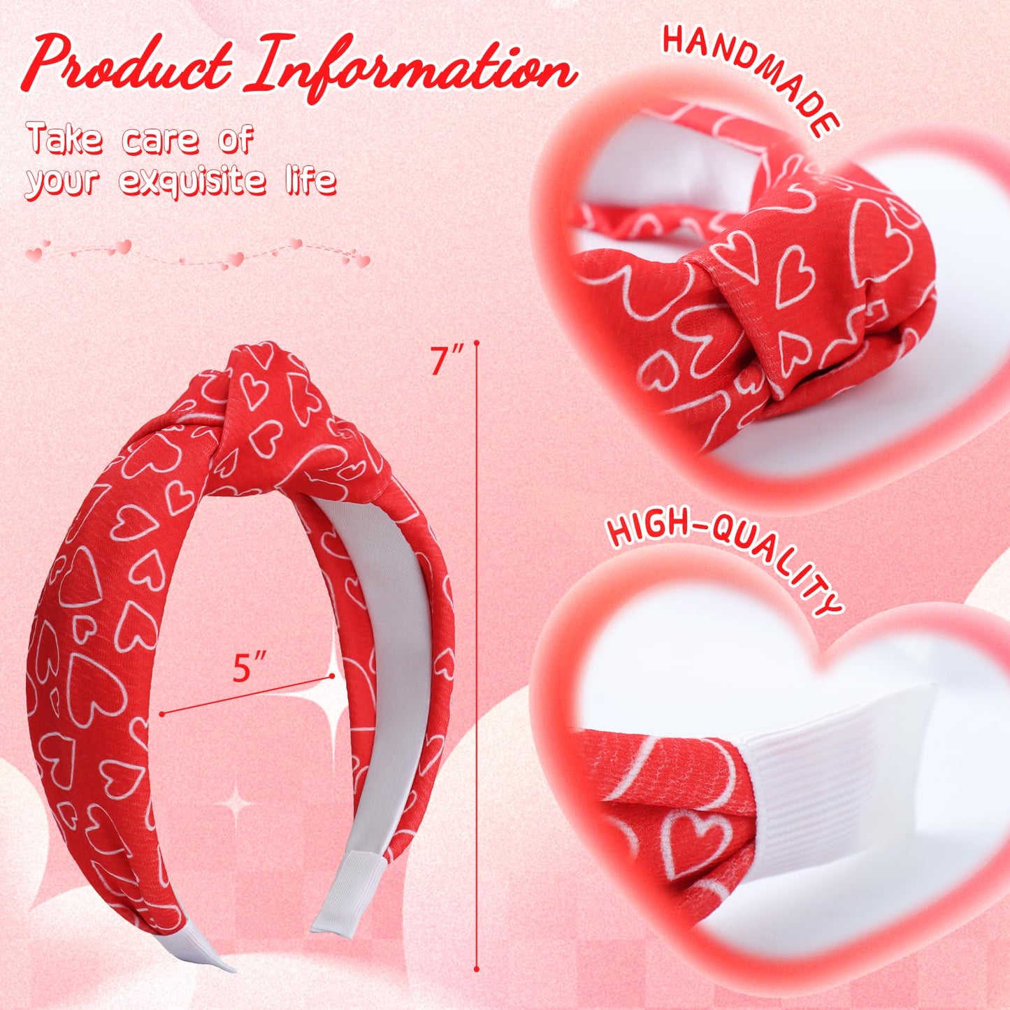 YanJie Hairband, 2pcs Valentines Headband for Women - Love Heart Knotted Headbands Wide Red Hairband Girls Valentine's Day Accessories Knotted Headwear for Girls