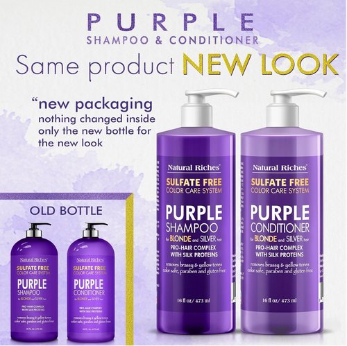 Natural Riches Purple Shampoo & Conditioner Set - Sulfate-Free, Color-Safe for Blonde, Silver & Gray Hair | 16 fl oz Each