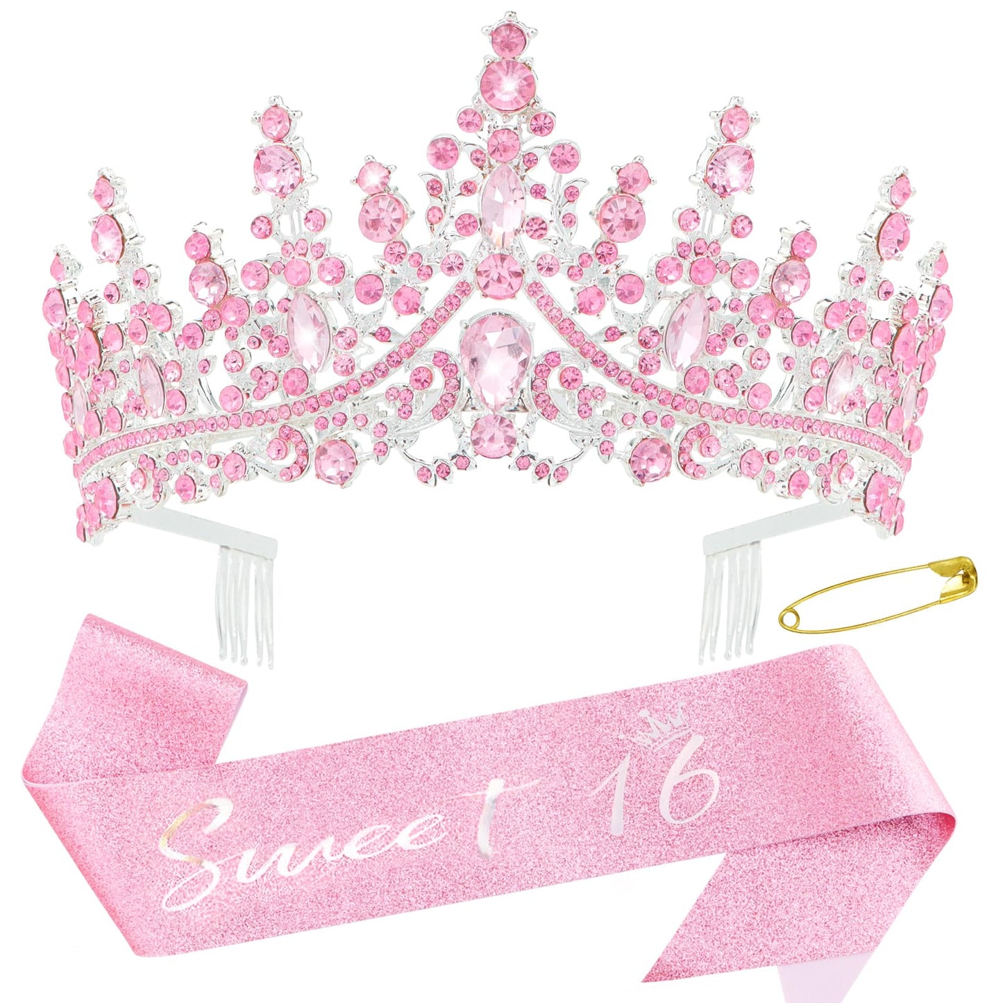 Canitor Sweet 16 Birthday Sashes and Tiaras for Girls 16th Crowns and Sash for Women 16th Birthday Party Decorations Birthday Gifts Party Supplies (pink)