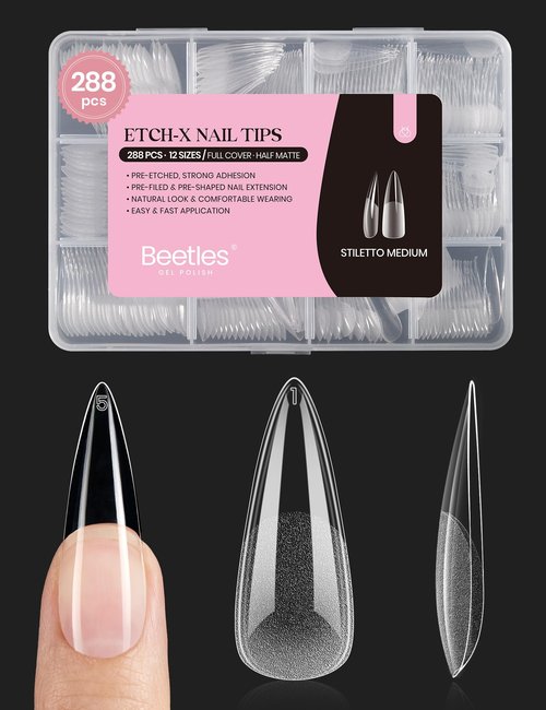 Beetles Gel Nail Tips Etch-X, Stiletto Medium, 288Pcs 12 Sizes, Pre-Etched Half Matte Full Cover Soft Acrylic False Nail Tips Pre-Shaped Easy DIY Fake Nail Extension Salon Gift for Women