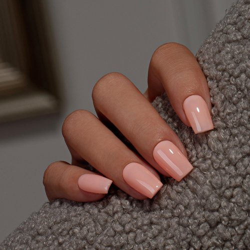 KQueenest Nude Pink Press On Nails Medium Square - Acrylic Press On Nails Short Coffin, Sheer Coral Pink Fake Nails with Glue, Glossy Opaque, Reusable Soft Gel Glue on Nails for Women, 28 Pcs
