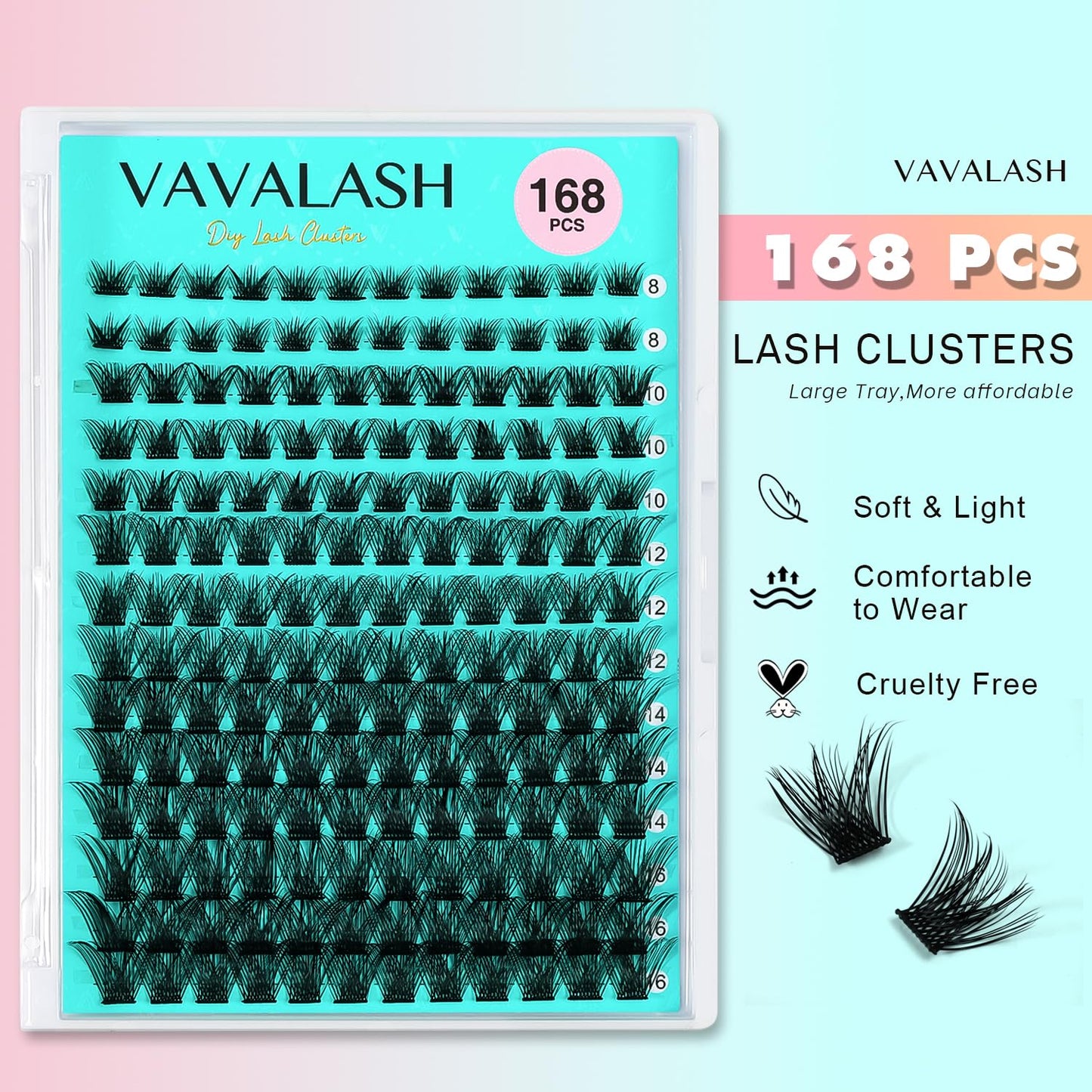 VAVALASH DIY Lash Extension Kit 168 PCS V01 Individual Cluster Lashes Kit D Curl Lash Clusters, Lash Bond and Seal, Lash Tweezer for DIY at Home Volume Wispy Soft False Lashes 168 PCS (V01-Kit)