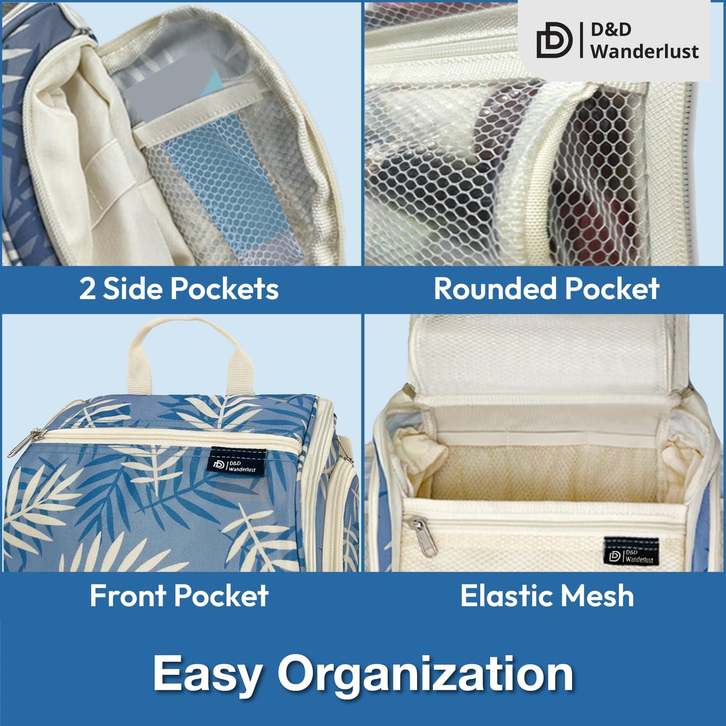 D&D Hanging Travel Toiletry Bag for Men and Women – Cosmetics, Makeup and Toiletries Organizer Kit with 10 Compartments, XXL Metal Swivel Hook, Water-Resistant Nylon