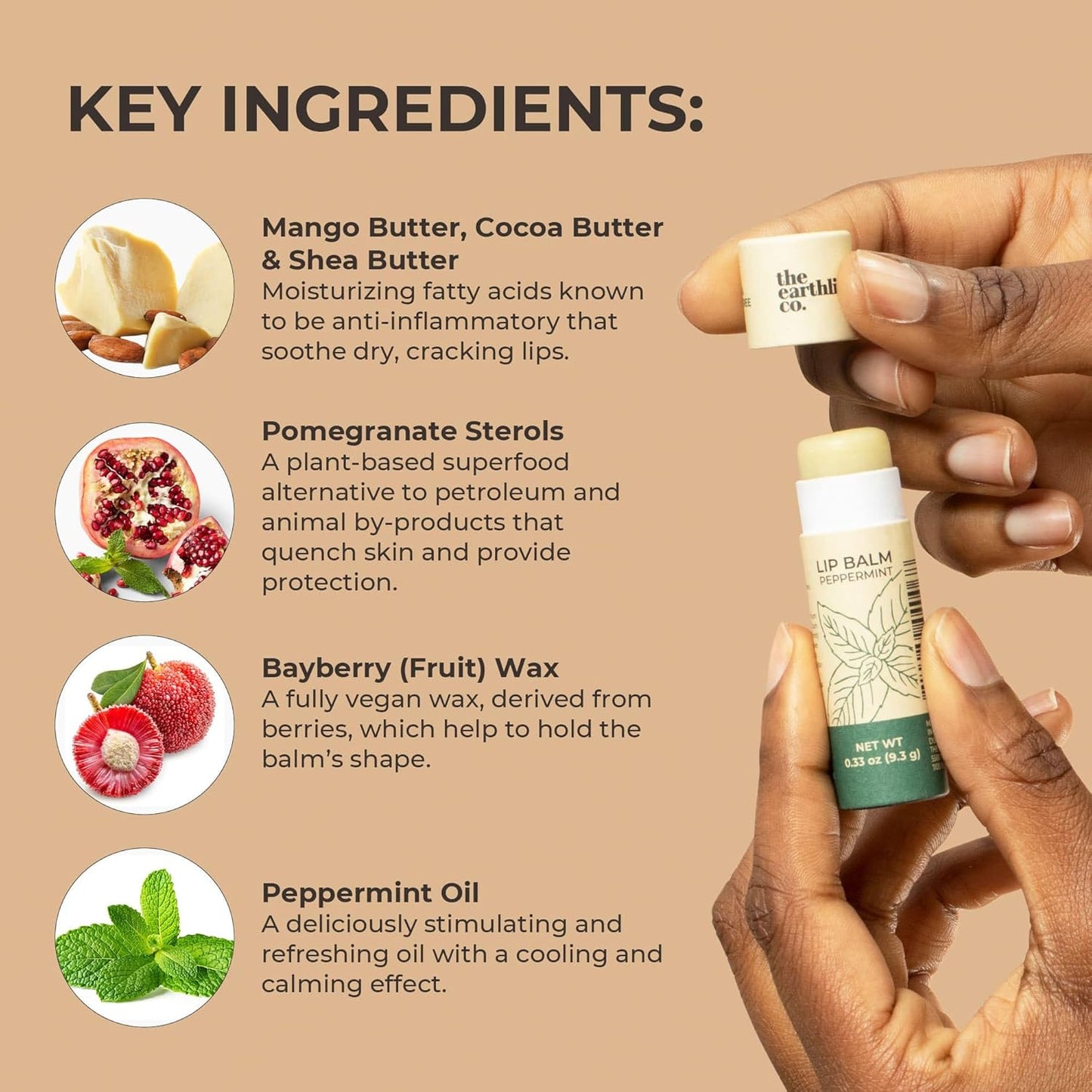 The Earthling Co. Lip Balm - Natural, Organic, Mint Lip Care - Non-tinted, Bee-free, Moisturizing Treatment Stick with Pomegranate Sterols, Coconut, and Butters (Peppermint, 0.33 oz)