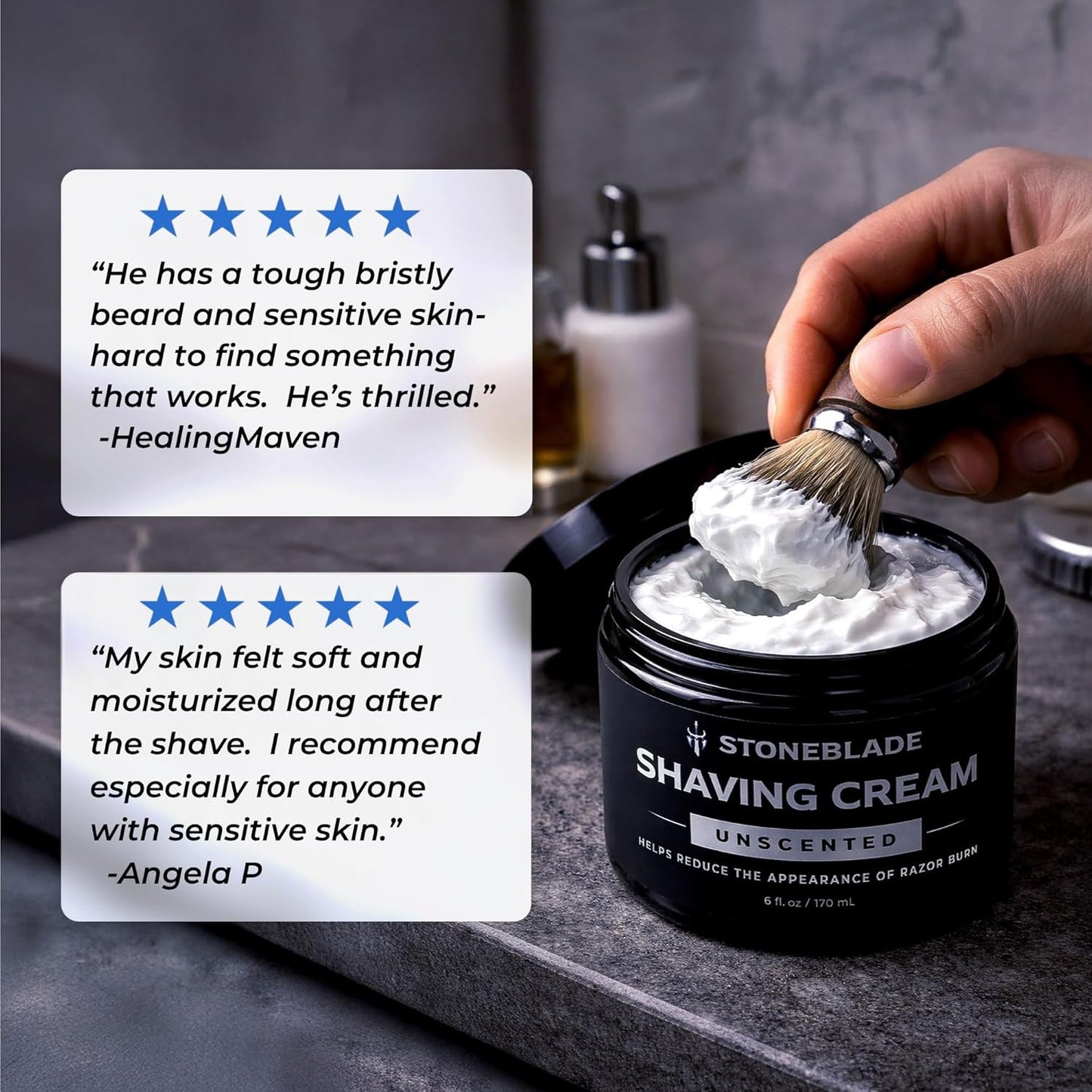 StoneBlade Unscented Shave Cream for Sensitive Skin - Fragrance & Menthol Free | Reduces Razor Burn, 6 oz