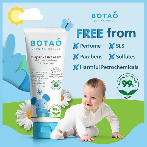 BOTAO Baby's Natural Diaper Cream - EWG Verified Organic Formula | Soothes Rashes with Aloe Vera & Calendula | 2.5 Oz
