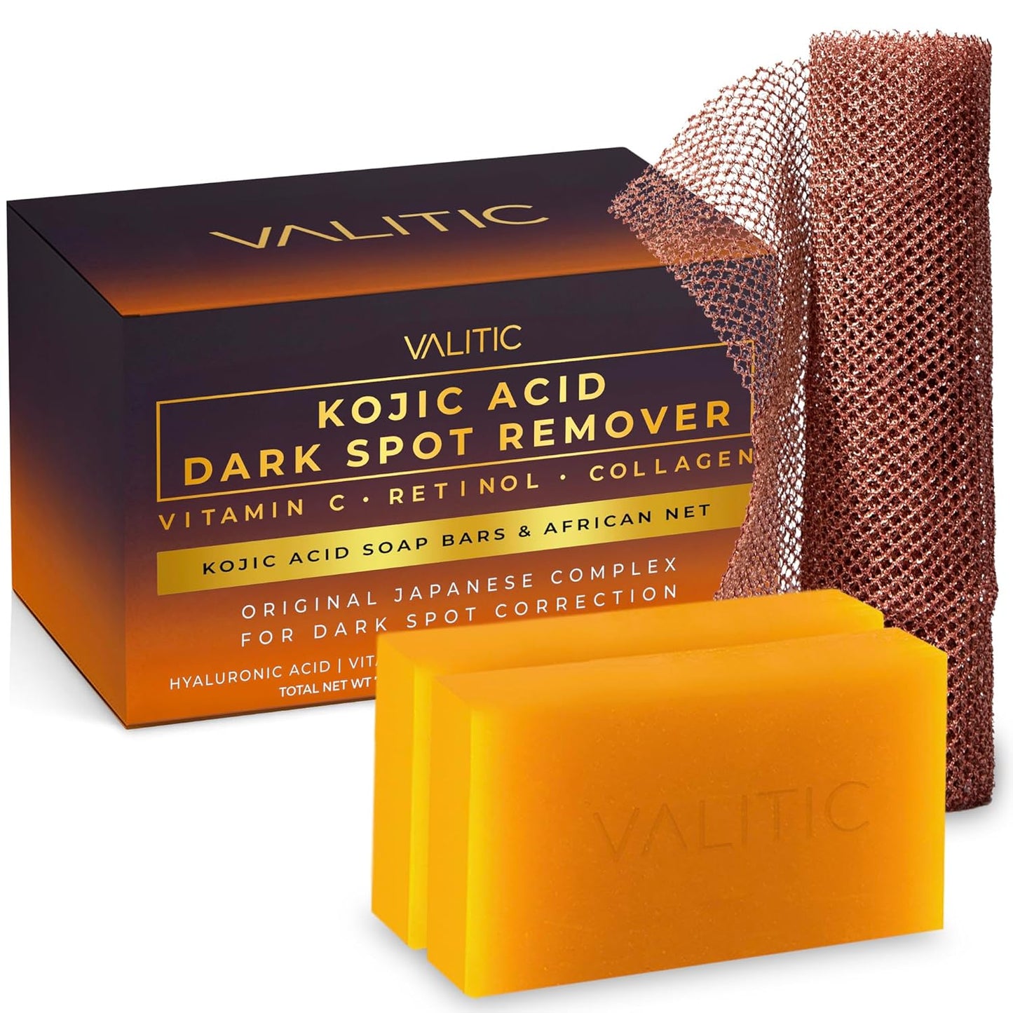 VALITIC Kojic Acid Dark Spot Remover Soap - Turmeric & Vitamin C Infused | 2 Pack with African Net Sponge