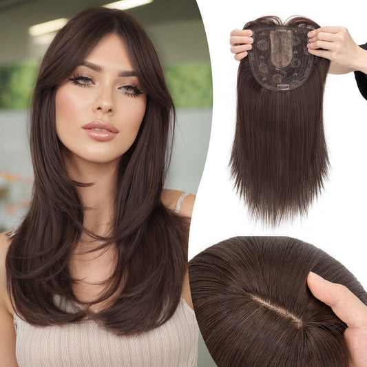 Benehair 14 Inch Hair Toppers for Women 6"x6" Lace Base Clip in Synthetic Hairpieces Wiglets with Bangs Long Straight Hair Topper with Thinning Hair 120g Dark Brown