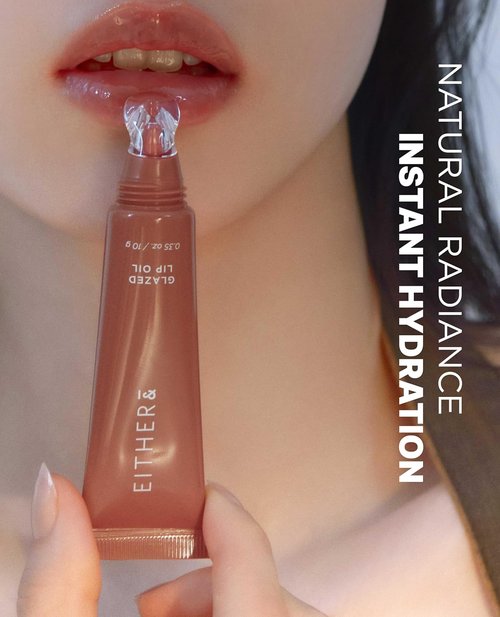 EITHER& Glazed Lip Oil - Tinted Glossy Lip Moisturizer with Peptides | Lightweight & Non-Sticky, 10g
