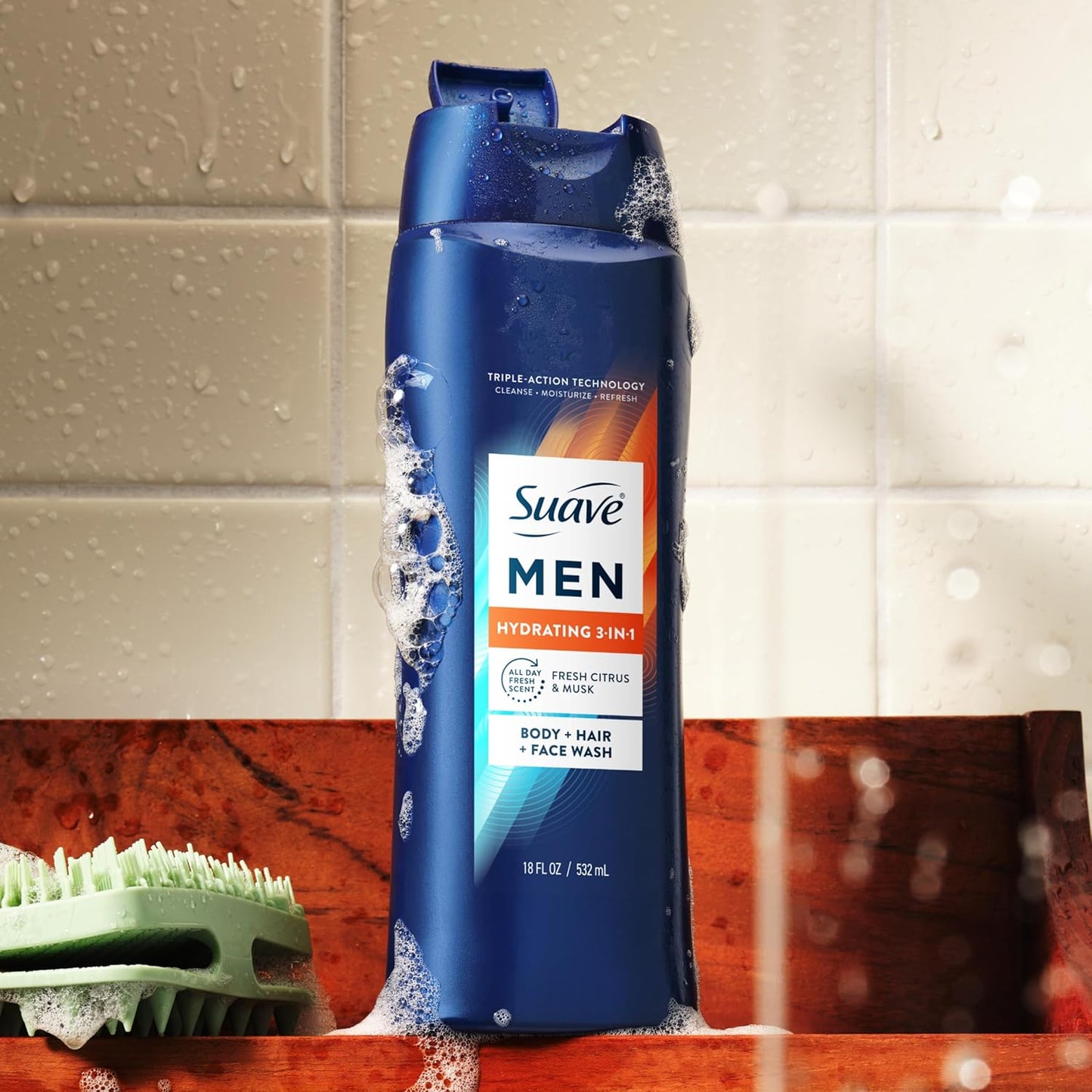 Suave Men 3-in-1 Body Wash - Hydrating Hair & Face Cleanser with Glycerin & Vitamin E | 18 FL OZ, 6 Count