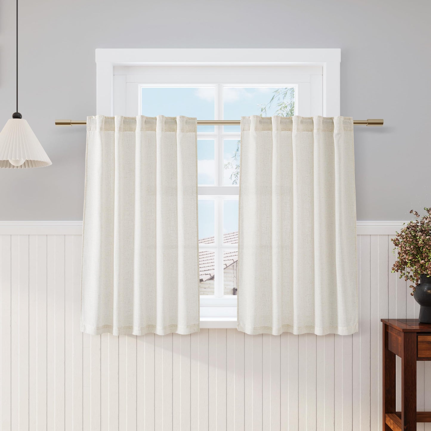 Nanspring Natural Linen Curtains for Kitchen Windows Over Sink - Cafe Curtain Semi Sheer with Rod Pocket and Back Tab Lightweight Rustic Textured Bistro Curtains for Bathroom, 2 Panels 25 x 24 Inch