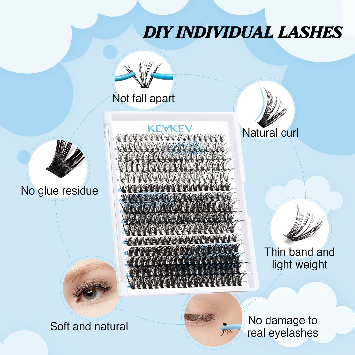 KevKev 300 Pcs Lash Clusters Individual Lashes 20D+40D+50D Cluster Lashes+KevKev Lash Bond & Overnight Sealer for Lash Clusters