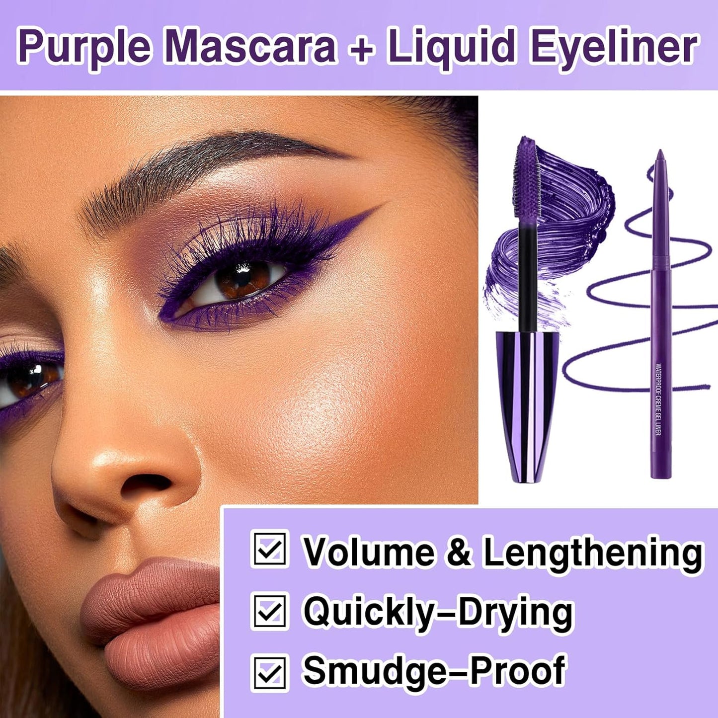 Skiennix Purple Mascara & Eyeliner Set - 5D Volume & Length, Waterproof Formula | Ideal for All Skin Types