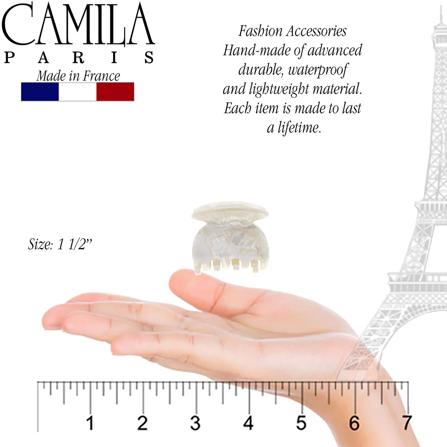 Camila Paris CP3158 French Hair Clip for Women, Handmade, White, Small Girls Hair Claw Clips Jaw, Durable Styling Hair Accessories for Women, Strong Hold No Slip Grip, Made in France