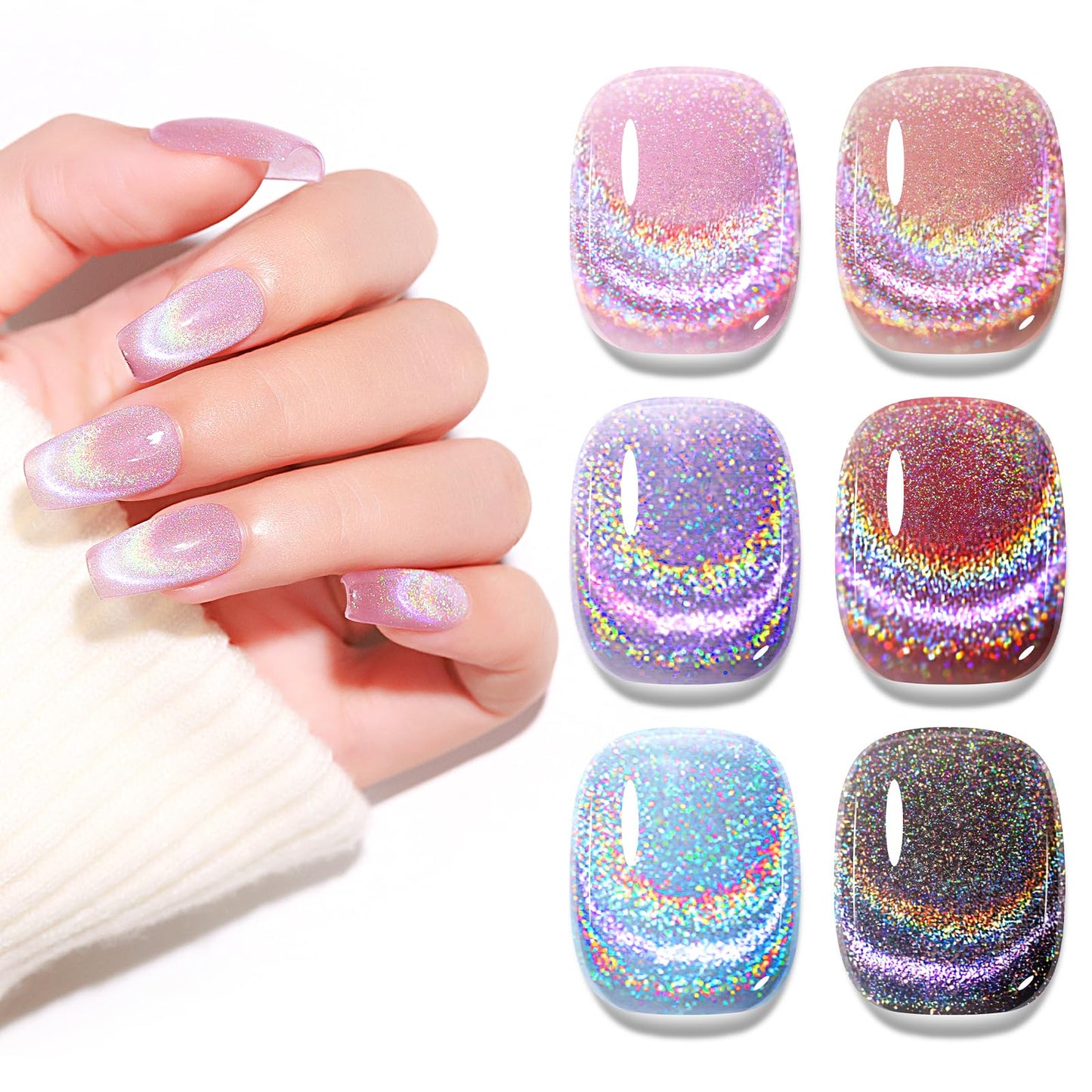 MIZHSE Cat Eye Gel Nail Polish: Glitter Rainbow Holographic Gel Polish with Magnet, Reflective Translucent UV Gel for Nail Salon Home DIY, Pink Rainbow 10Ml