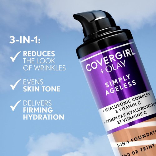 COVERGIRL & Olay Simply Ageless Liquid Foundation - Matte Finish with Hyaluronic Acid & Vitamin C | 220 Creamy Natural