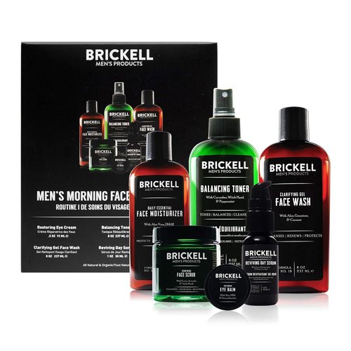 Brickell Men's Morning Face Care Routine - Natural & Organic Gel Wash, Toner, Scrub, Eye Cream, Serum & Moisturizer