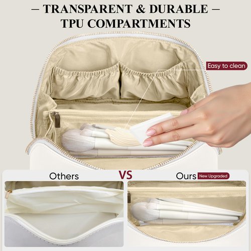 MSTONAL Travel Makeup Bag, Large Capacity Cosmetic Bags for Women, Waterproof Portable Pouch Open Flat Make up Organizer Bag with Dividers and Handle, Toiletry Bag for Essentials, Medium, lvory White