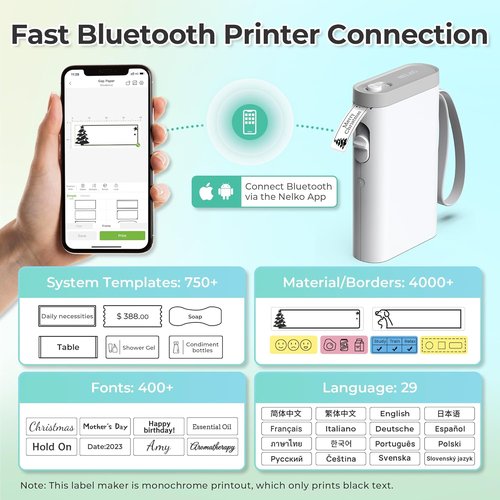 Nelko Label Maker - P21 Bluetooth Mini Printer with Multiple Templates for Home & Office - White