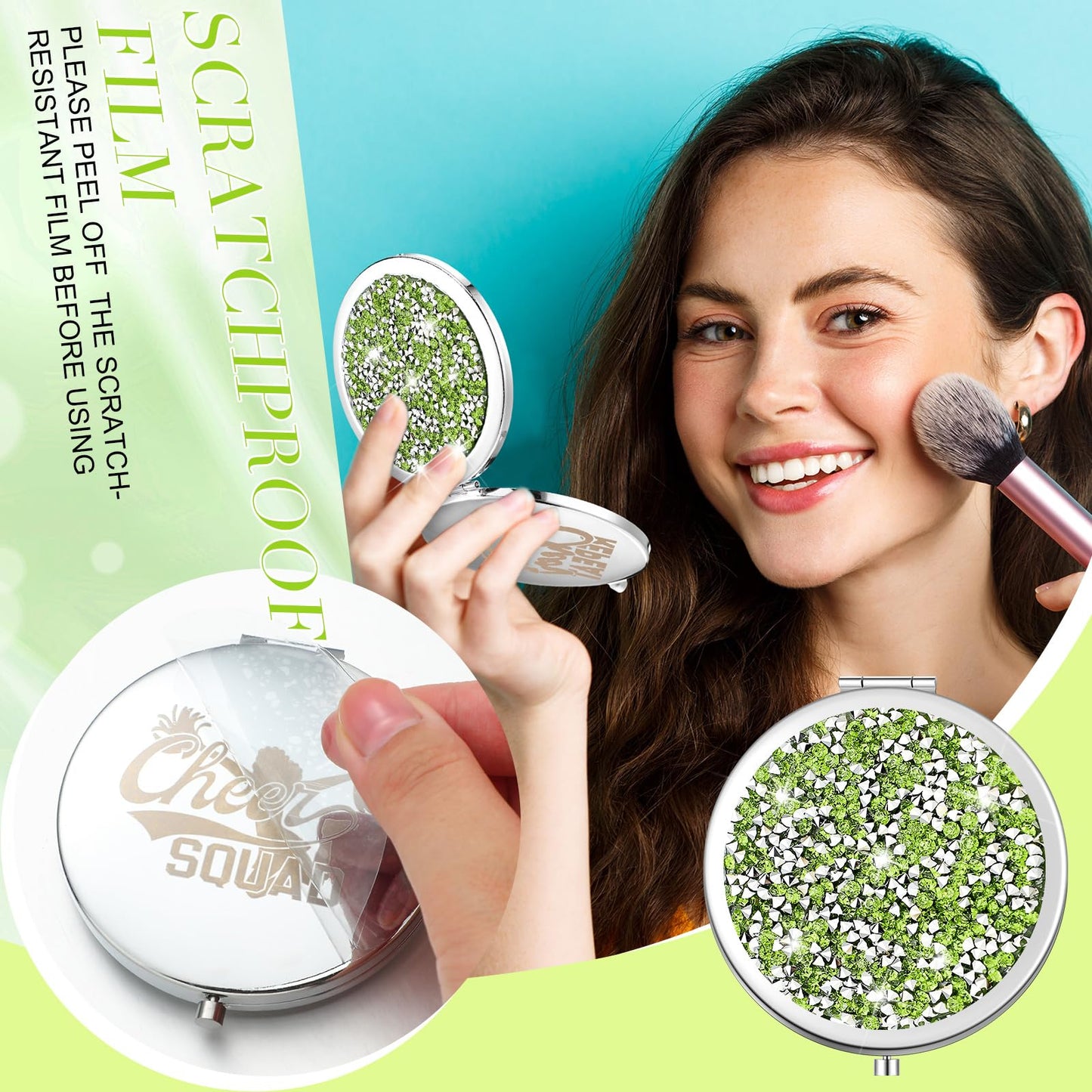 Sintuff 12 Pcs Cheer Gifts for Cheerleaders Compact Mirror Bulk for Cheer Team Coach Cheerleading Gifts Folding Pocket Cosmetic Purse Mirror Accessories(Green, Silver)