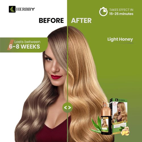 HERBBY Hair Color Shampoo - Gray Hair Coverage & Color Transformation with 9 Herbal Extracts | Long-Lasting Shine, 500ml (Light Honey Color)