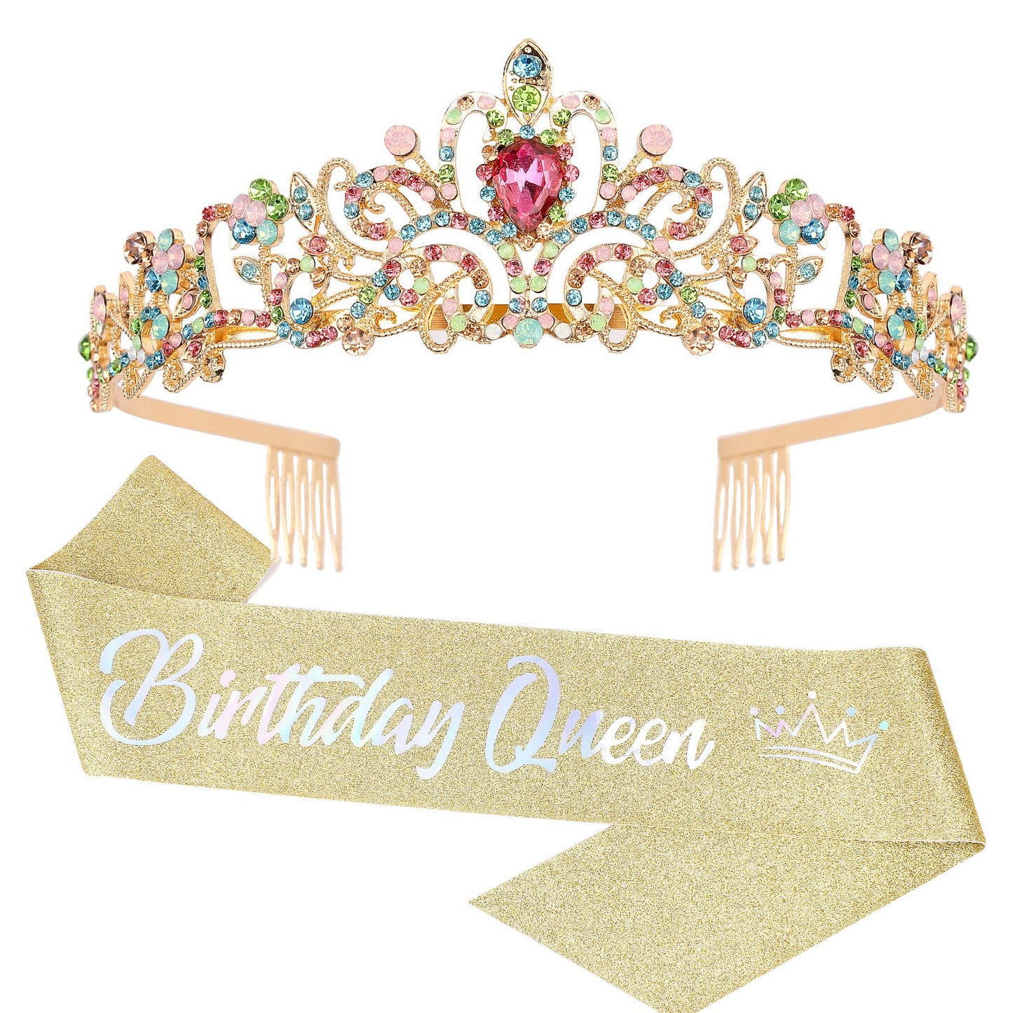 COCIDE "Birthday Queen" Sash and Crystal Tiara Set Tiara and Crowns for Women Birthday Gift for Girl Kit Decorations Set Rhinestone Hair Accessories Glitter Stain Silk Sash for Party