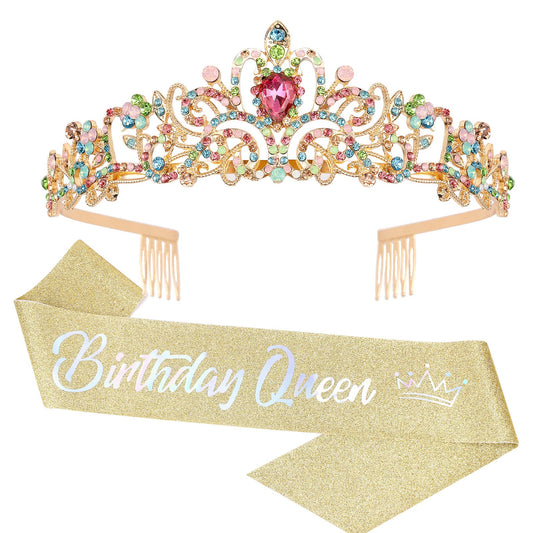 COCIDE "Birthday Queen" Sash and Crystal Tiara Set Tiara and Crowns for Women Birthday Gift for Girl Kit Decorations Set Rhinestone Hair Accessories Glitter Stain Silk Sash for Party