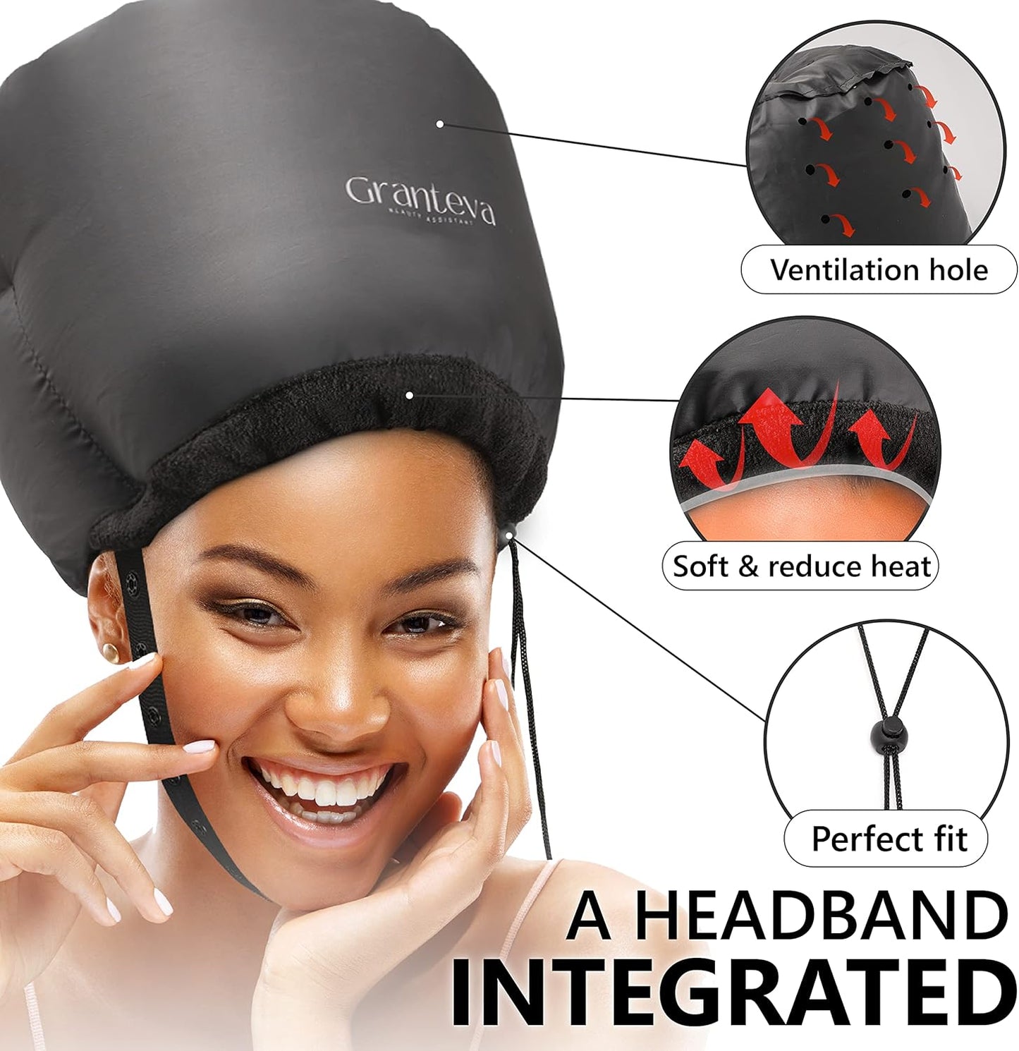 Bonnet Hair Dryer w/A Headband Integrated That Reduces Heat Around Ears & Neck - Diffuser Cap for Hair Dryer Curly Hair, Speeds Up Drying Time, Deep Conditioning at Home - Large (Purple)