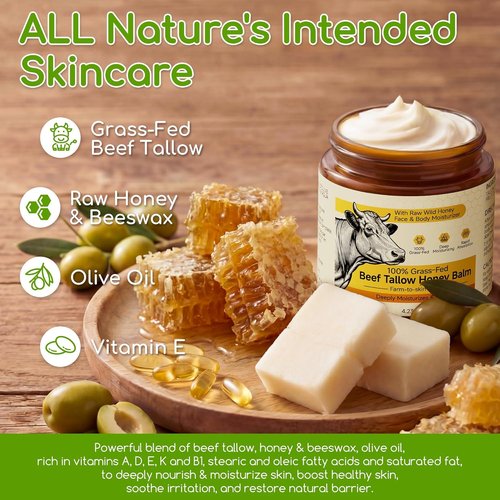 Beef Tallow | Whipped Tallow and Honey Balm Cream - 100% Grass-Fed Face Moisturizer, Unscented 4.2 OZ