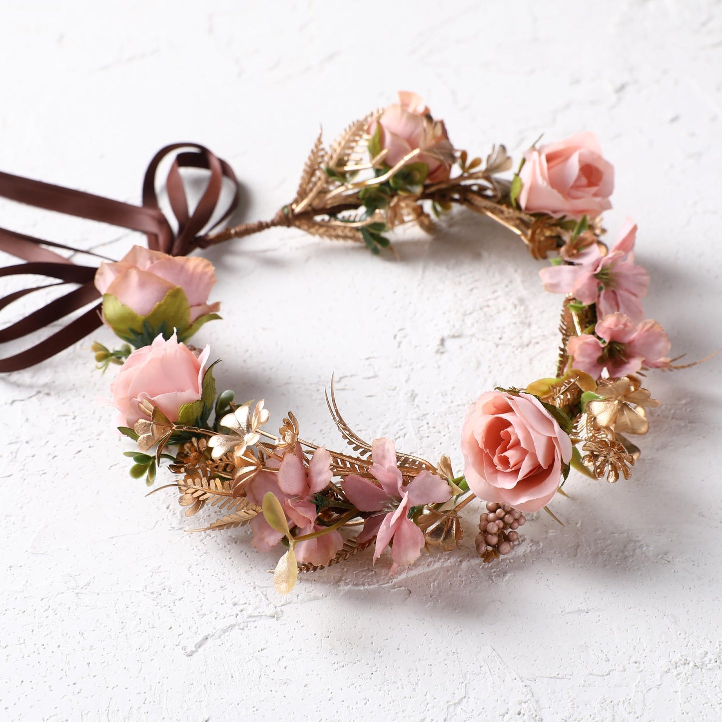 KorViSHOW Flower Crown Women Girls - Golden Leaves Cinnamon Pink Flower Headband Lovely Sweet Hair Wreath for Bridal Maternity Wedding Party Trip Photo Prop