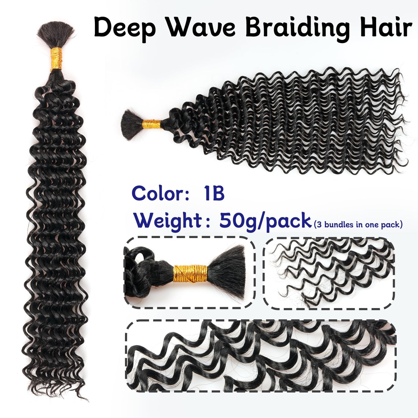 Deep Wave Bulk Braiding Hair Extensions-20 Inches 8 Pakcs Natural Black Synthetic Curly Hair Bundle for Braiding,No Weft Braids for Human（20"-8 Packs,1B）