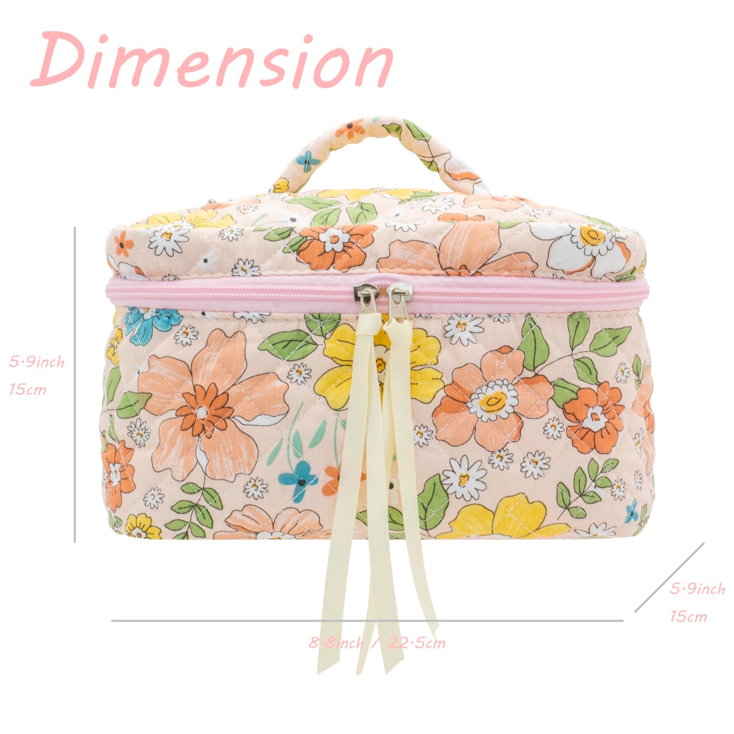 PAZIMIIK Cotton Makeup Bag for Women Large Quilted Travel Cosmetic Case Girls' Make Up Organizer,Floral Orange