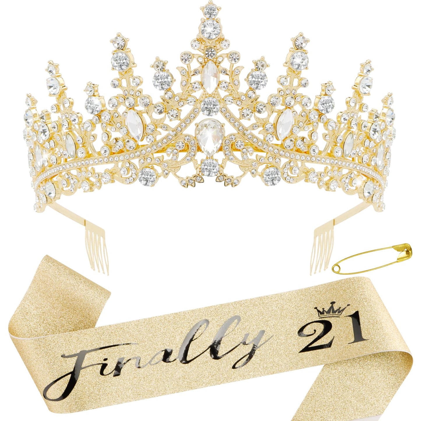 Canitor 21st Birthday Sash and Tiara Set 21st Sparkling Birthday Crown Dazzling Birthday Sash 21st Birthday Decorations 21st Birthday Gifts for Her Gold