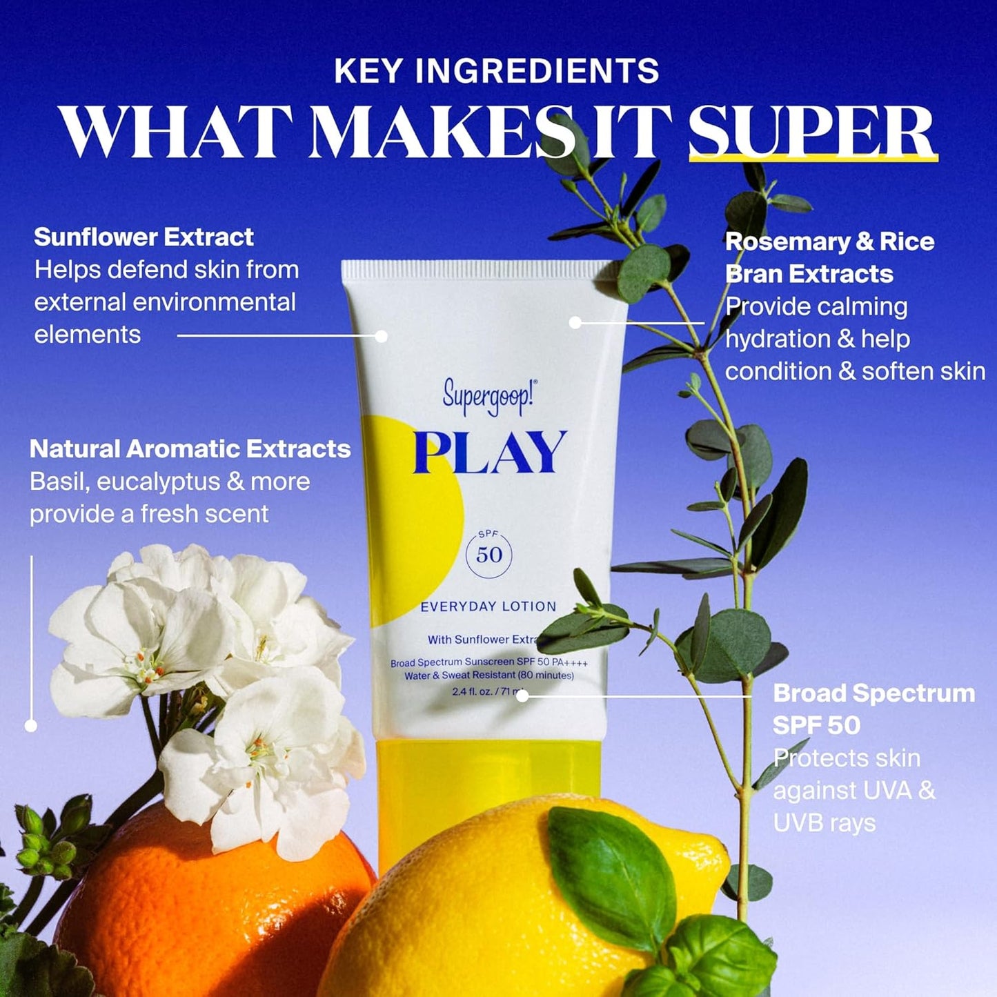 Supergoop! PLAY Everyday Lotion SPF 50 - Broad Spectrum Sunscreen for Body & Face - Fast Absorbing & Water Resistant - 2.4 fl oz